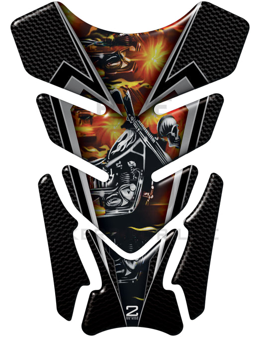 Motor Bike Tank Pad - Fiery Skull Motor Head Carbon Fibre Motor Bike Tank Pad. Universal Fit